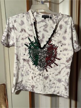 Affliction White Tie-Dye V-Neck Heart Graphic Tee with Red & Green Accent